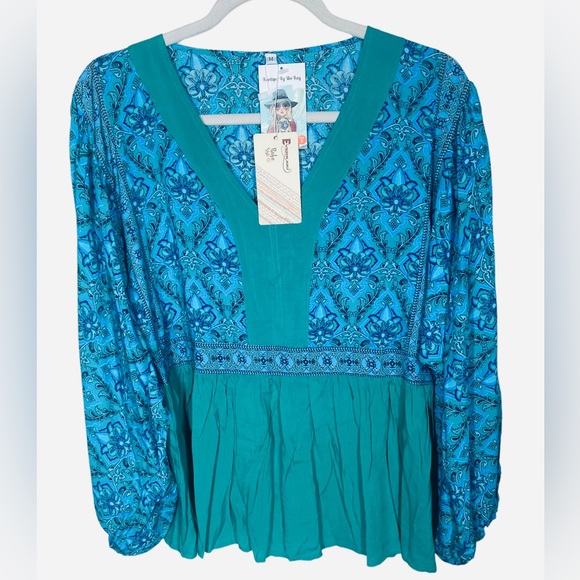 {NWT} Gypsy Style Boho Blouse Ocean Turquoise S/M - Picture 2 of 11